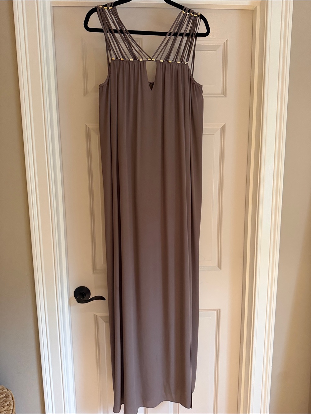 Strappy Taupe Maxi Dress with Gold Accent Details bcbgmaxazria